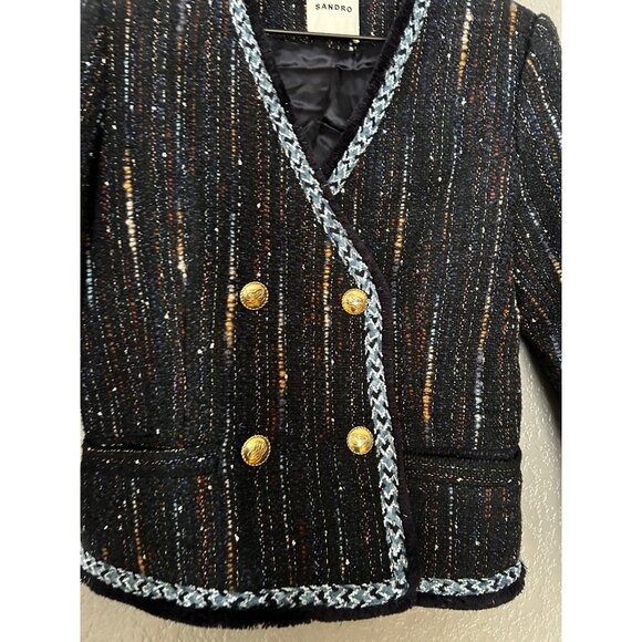 SANDRO TWEED DOUBLE BREASTED JACKET WOVEN BRAID TRIM SIZE 34 - Picture 3 of 6